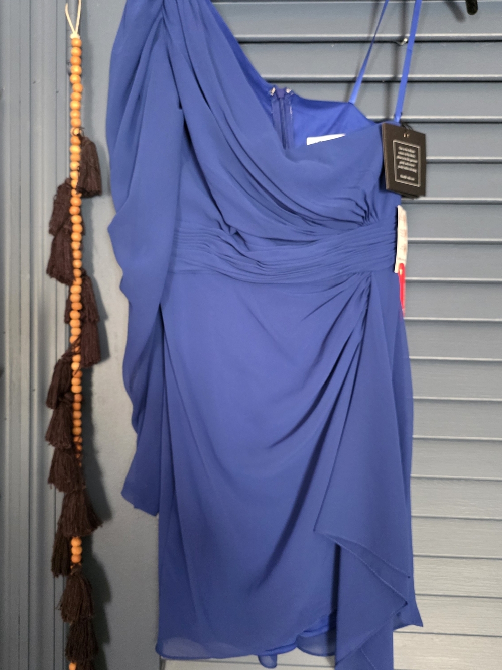 NWT Ieena for Mac Duggal Cobalt Blue One-Shoulder Asymmetrical Chiffon Mini Dres